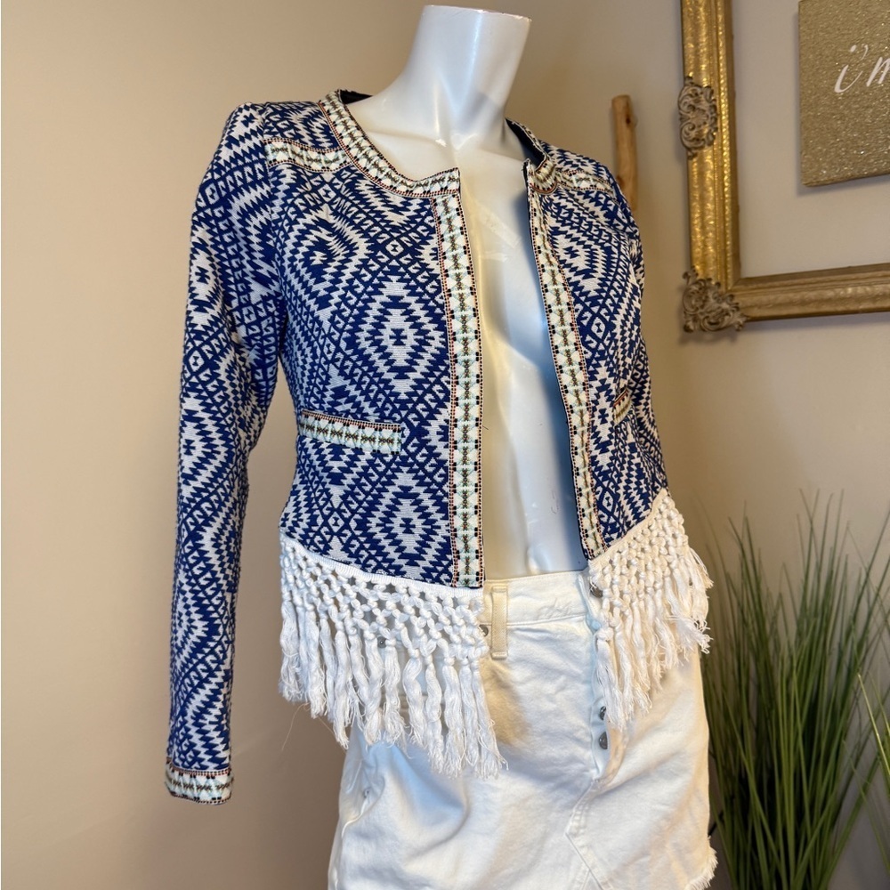 Lovemystyle Blue And White Aztec Print Jacket With Tasselled Hem UK 10 US 6 NWOT - Picture 6 of 7
